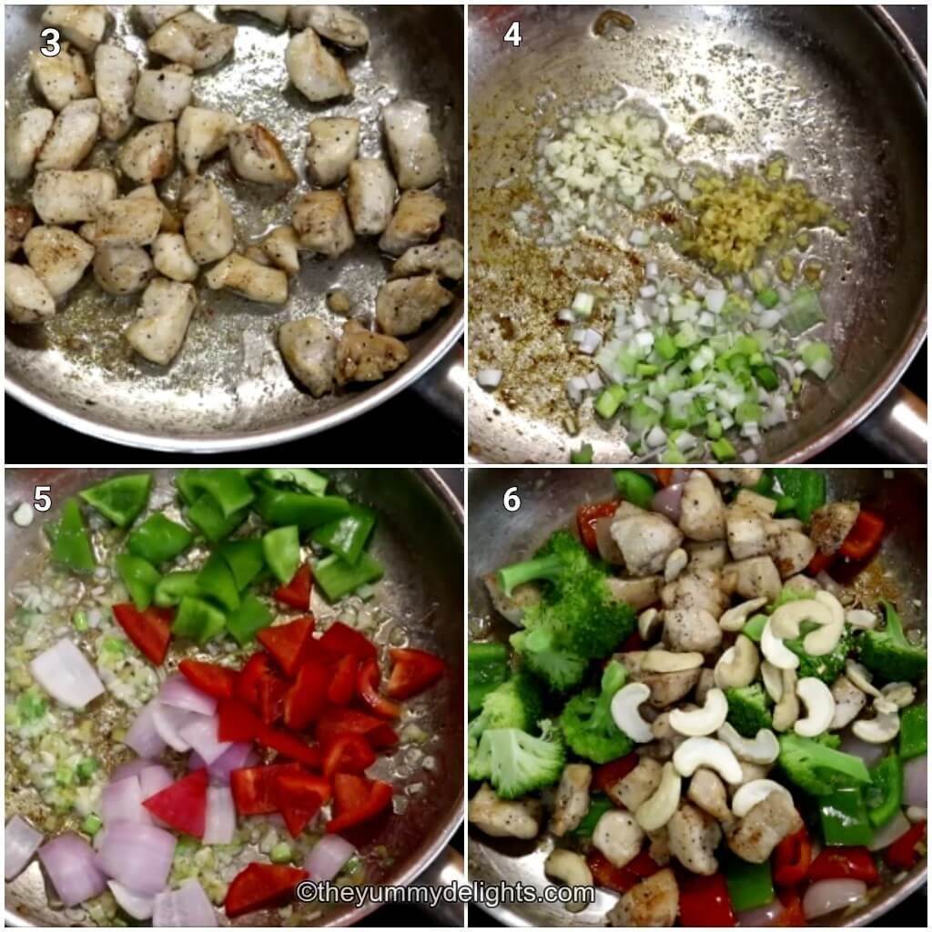 Collage image of 4 steps showing stir-frying the chicken, sauteing the ginger, garlic and onions. It also shows stir-frying the vegetables and addition of chicken, cashews and broccoli to the pan.
