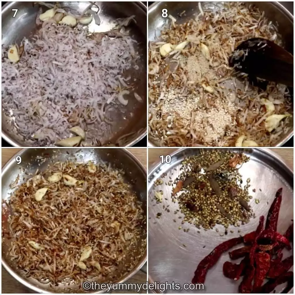 Collage image of 4 steps showing addition and roasting of coconut, sesame seeds and poppy seeds to make Kolhapuri sukka masala. It also shows the plate in which all the roasted ingredients are kept.