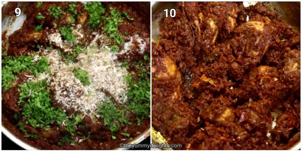 Collage image of 2 steps showing addition of roasted coconut and coriander leaves to make chicken sukka.