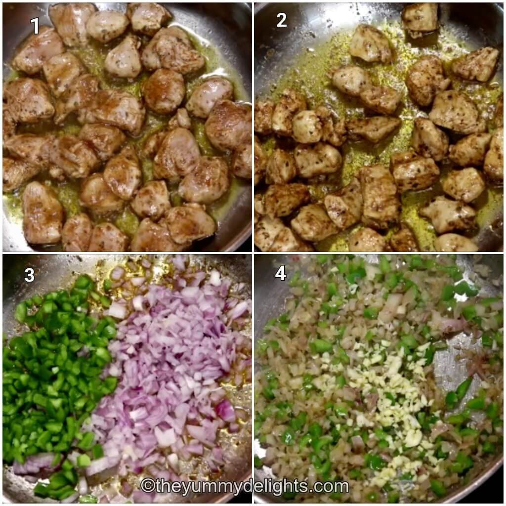 Collage image of 4 steps showing how to make cilantro lime chicken and rice. It shows stir-frying the chicken, sauteing onion, bell peppers and garlic in the pan.