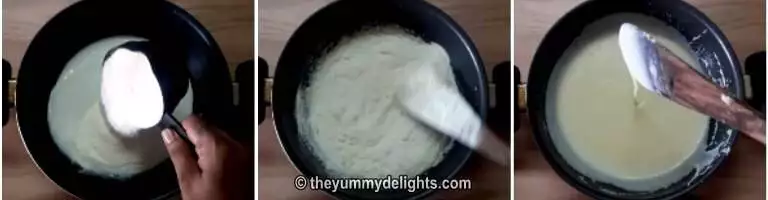 Collage image of 3 steps showing addition of milk powder to the pan to make instant mawa.