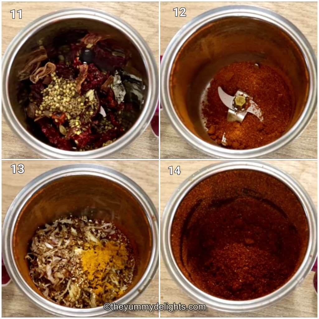 collage image of 4 steps showing making kolhapuri sukka masala. It shows grinding the sukka masala ingredients in a mixer jar.