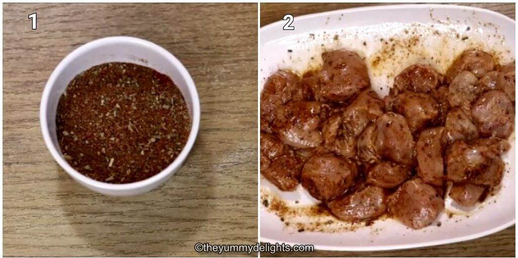 Collage image of 2 steps showing preparing the seasoning and marinating the chicken. 