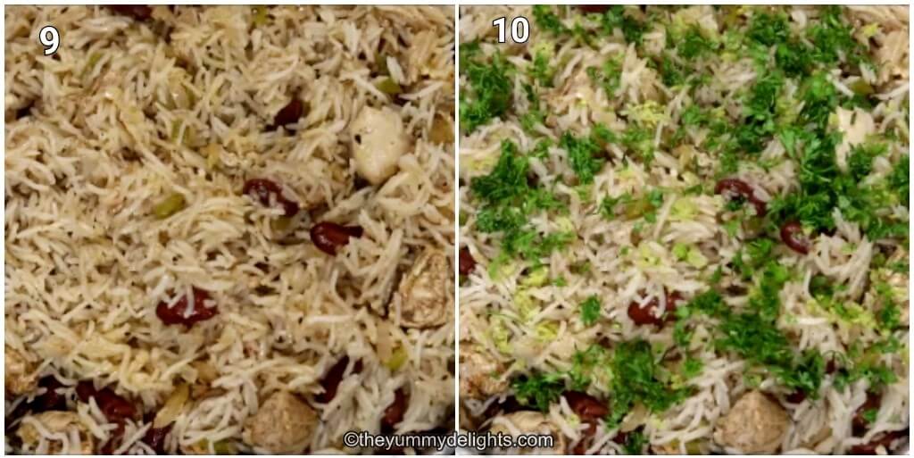 Collage image of 2 steps showing addition of cilantro and lime zest to the pan to make cilantro lime chicken and rice recipe.