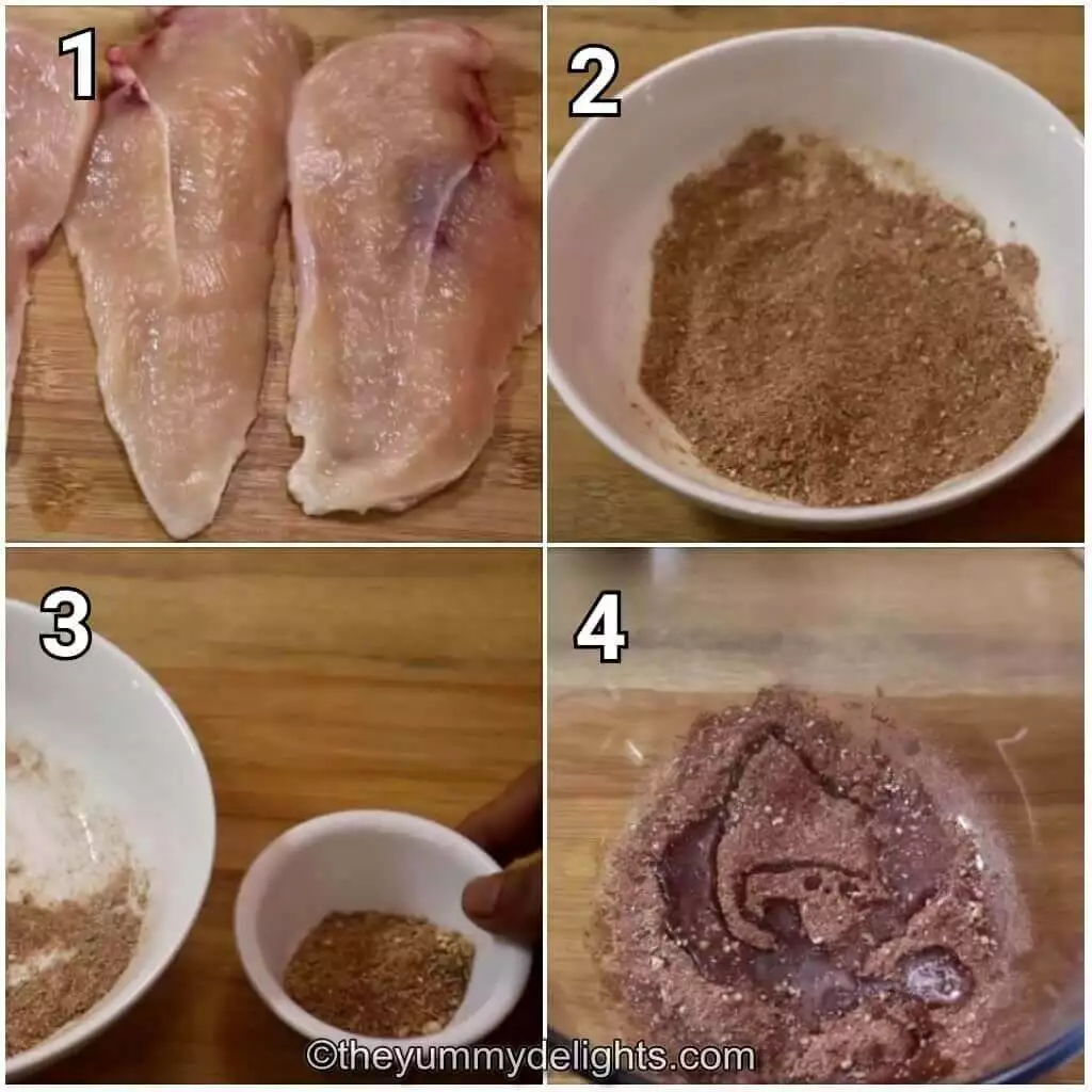 Collage image of 4 steps showing slicing the chicken breast and preparing the fajita seasoning.