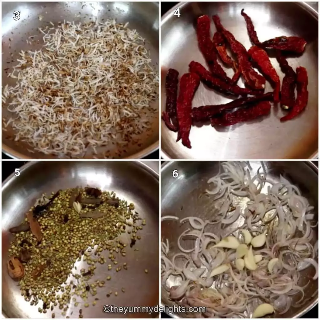 Collage image of 4 steps showing how to make Kolhapuri Masala. It shows roasting coconut, red chilies, whole spices, onion and garlic.