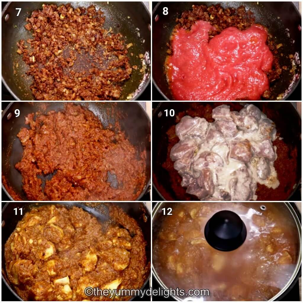 Collage image of 6 steps showing cooking handi chicken curry. It shows sauteing spice powders, addition of tomato puree and cooking it. It also shows addition of marinated chicken and cooking it.