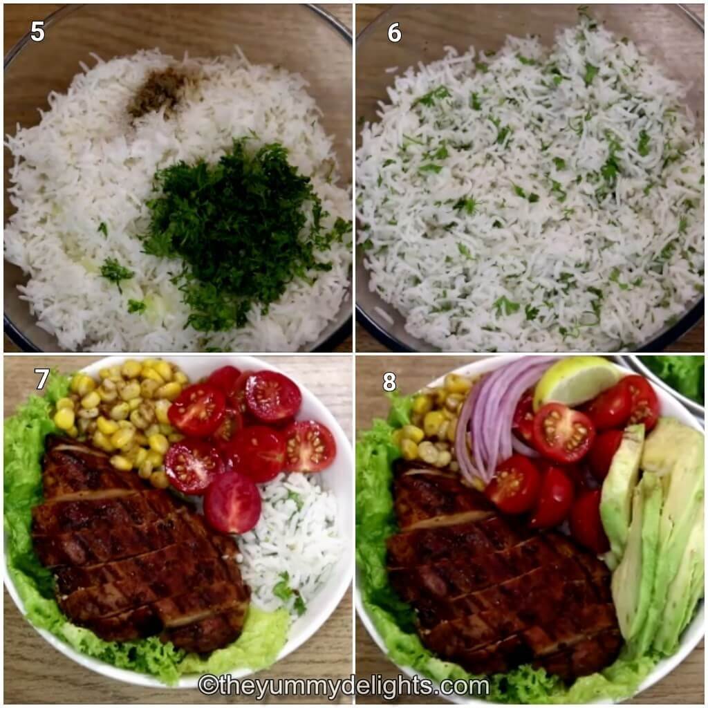 Collage image of 4 steps showing making lime cilantro rice and assembling the grilled chicken rice bowl.