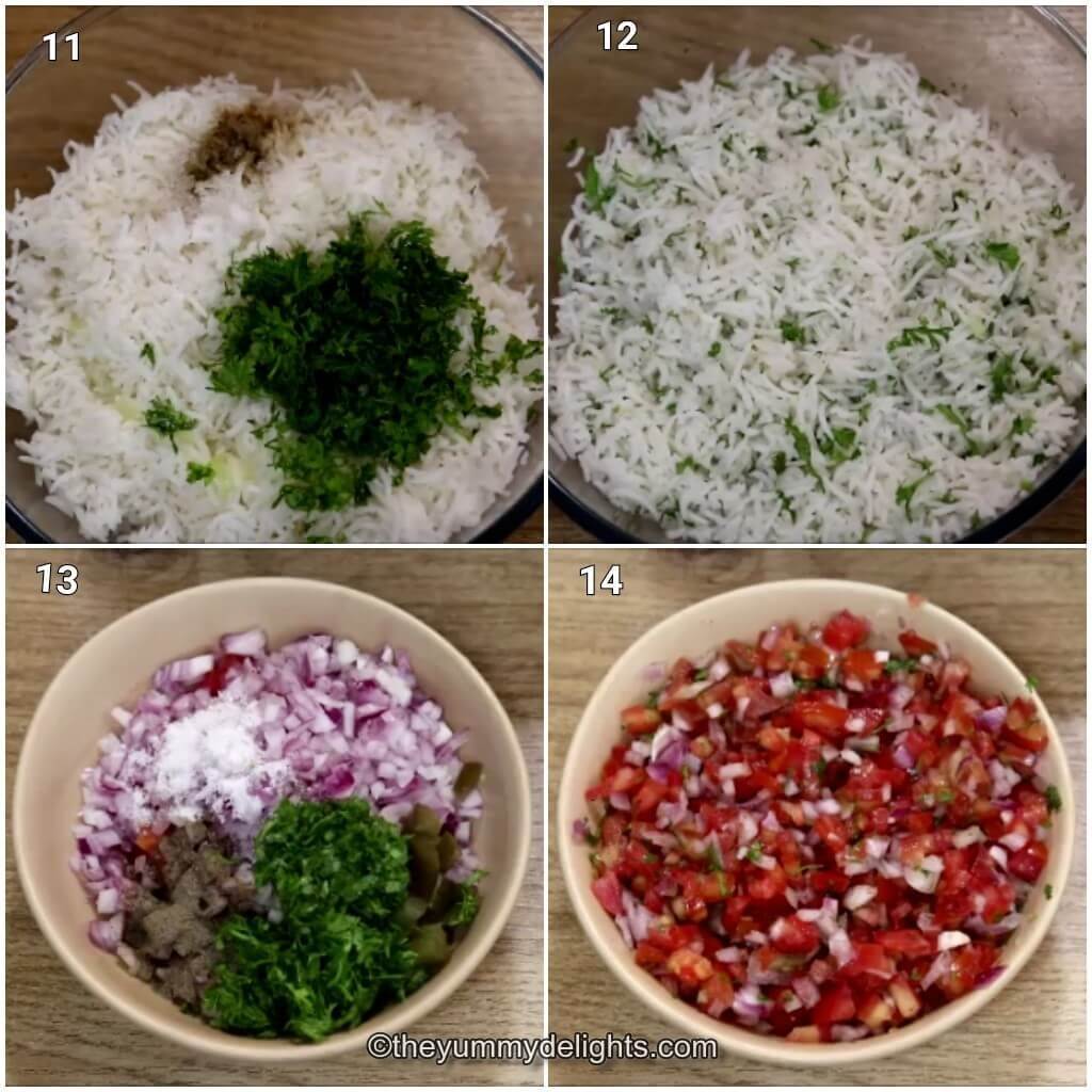 Collage image of 4 steps showing making cilantro lime rice and salsa for chicken fajita rice bowl.