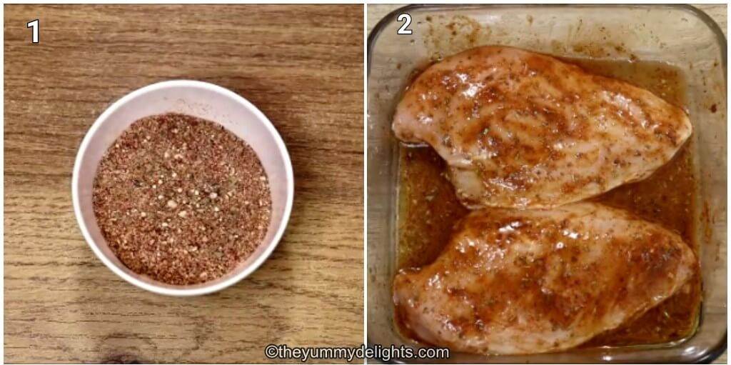 Collage image of 2 steps showing making fajita seasoning and marinating the chicken. 