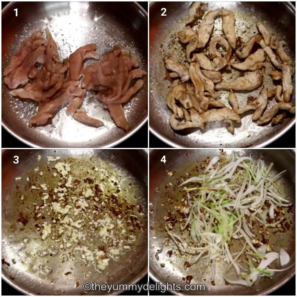Collage image of 4 steps showing how to make stir fry chicken noodles. It shows cooking the chicken and stir frying garlic and onions.