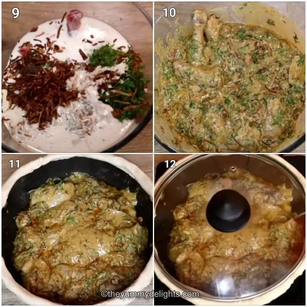 Collage image of 4 steps showing marinating the chicken and transferring it to a heavy bottom pot and sealing it with a dough.