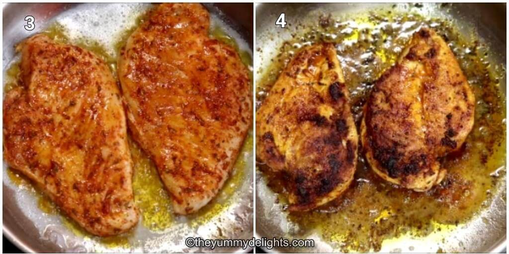 Collage image of 2 steps showing pan-searing the chicken to make fajita rice bowl. 