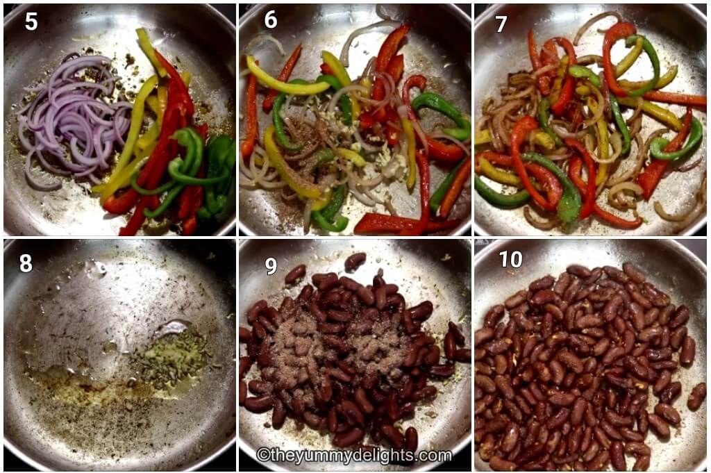 Collage image of 6 steps showing cooking the fajita veggies and beans.
