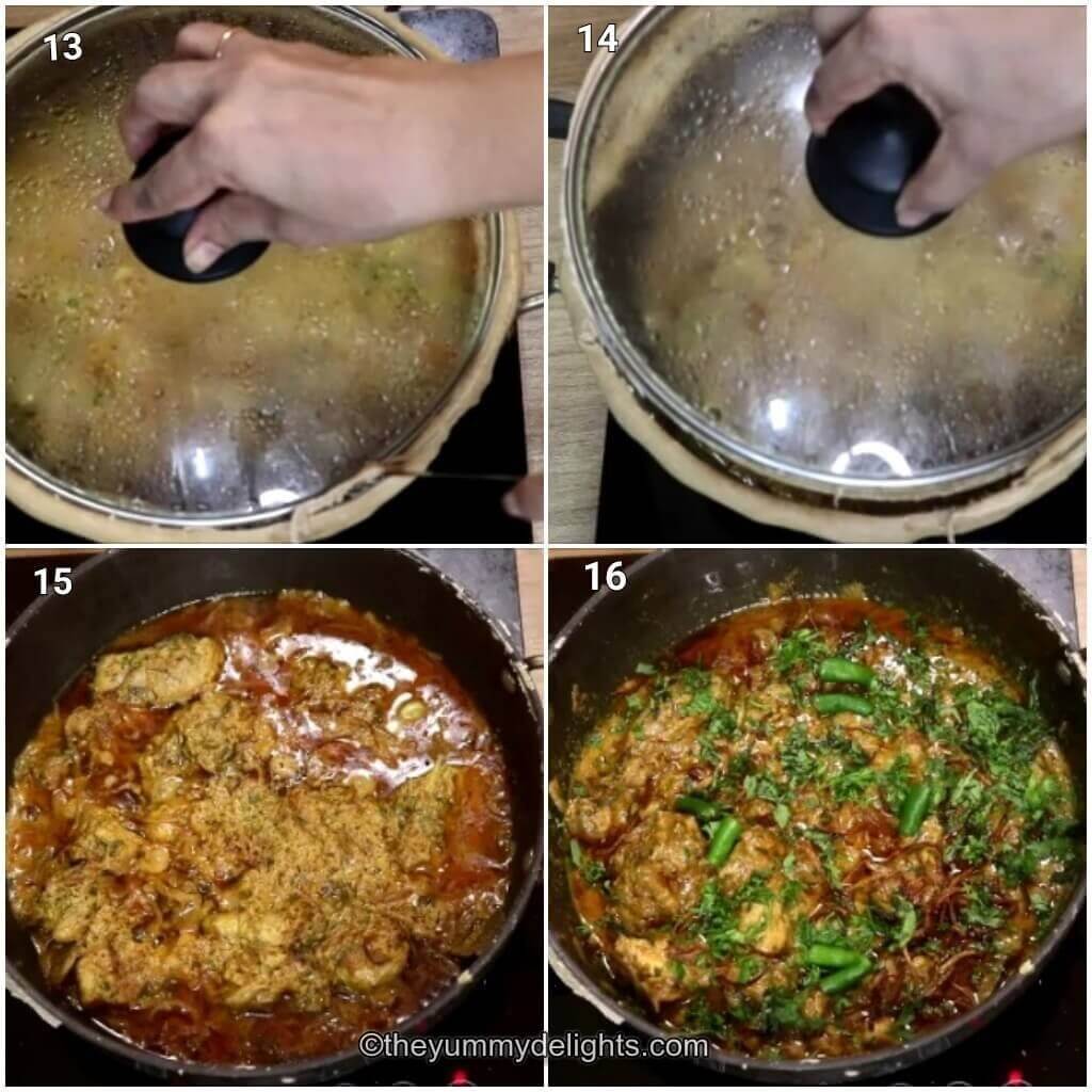 Collage image of 4 steps showing removing the dough seal with a knife and opening the lid. It also shows addition of fried onions, mint and coriander leaves.