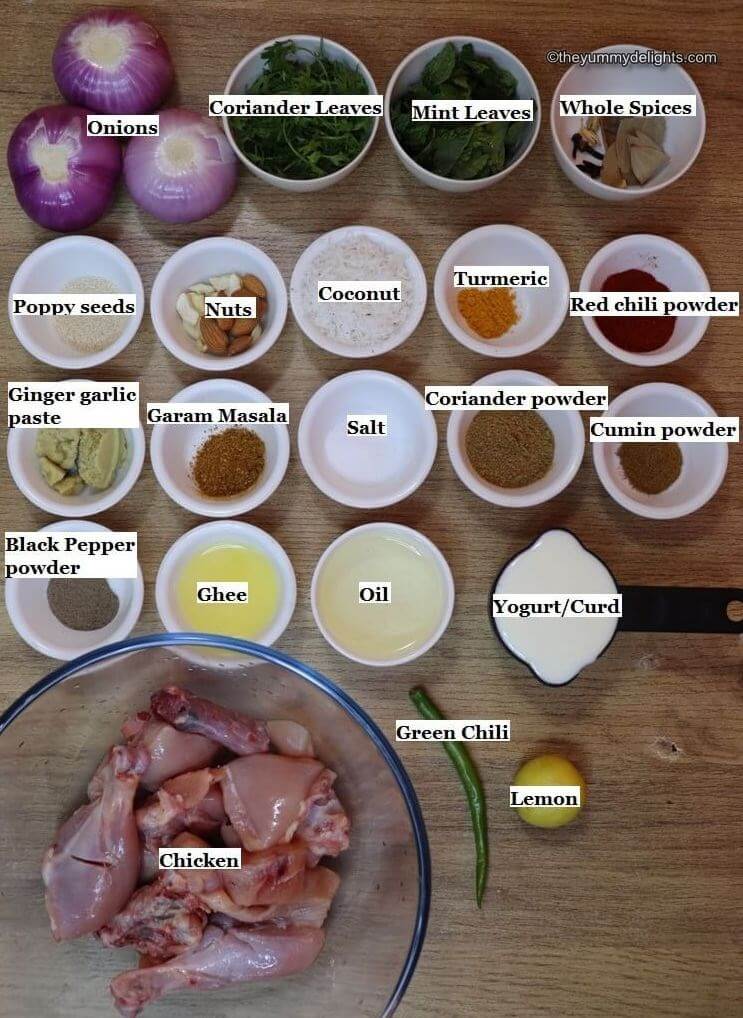 individually labeled ingredients to make dum ka chicken laid out on a table.