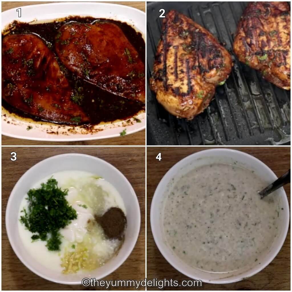 Collage image of 4 steps showing how to make grilled chicken rice bowls. It shows marinating and grilling the chicken. It also shows preparing the dressing.