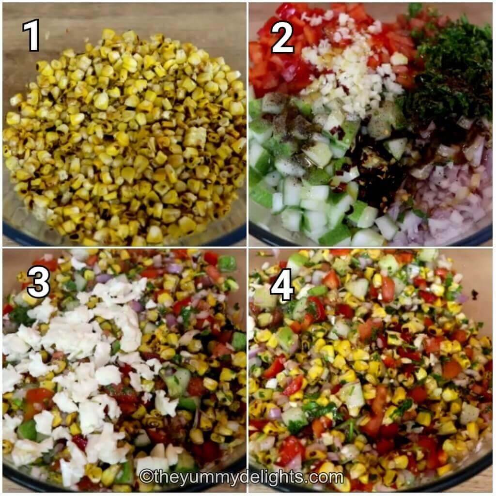 Collage of 4 images showing how to make grilled corn salad.
