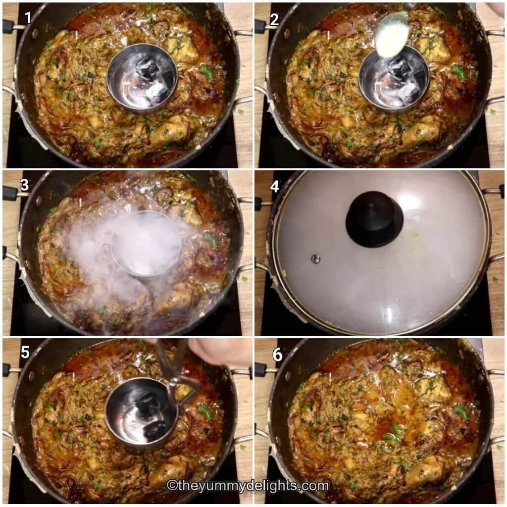 Collage image of 6 steps showing how to give dungar to dum ka chicken. It shows placing a small metal bowl with hot charcoal over the curry pot and addition of ghee and covering it with lid.