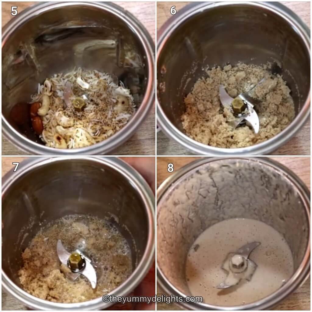 Collage image of 4 steps showing grinding the nuts and coconut paste.
