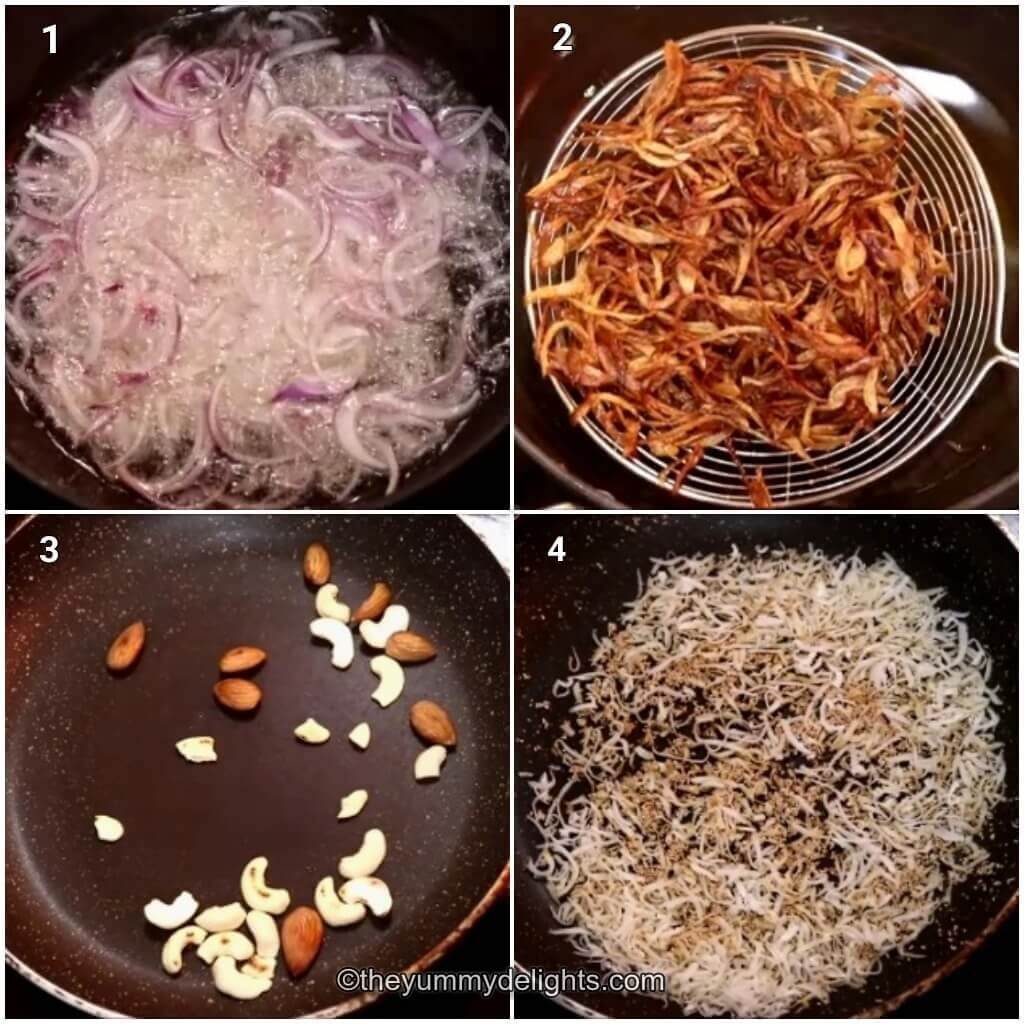Collage image of 4 steps showing how to dum ka chicken. It shows making fried onions and roasting the nuts and coconut.
