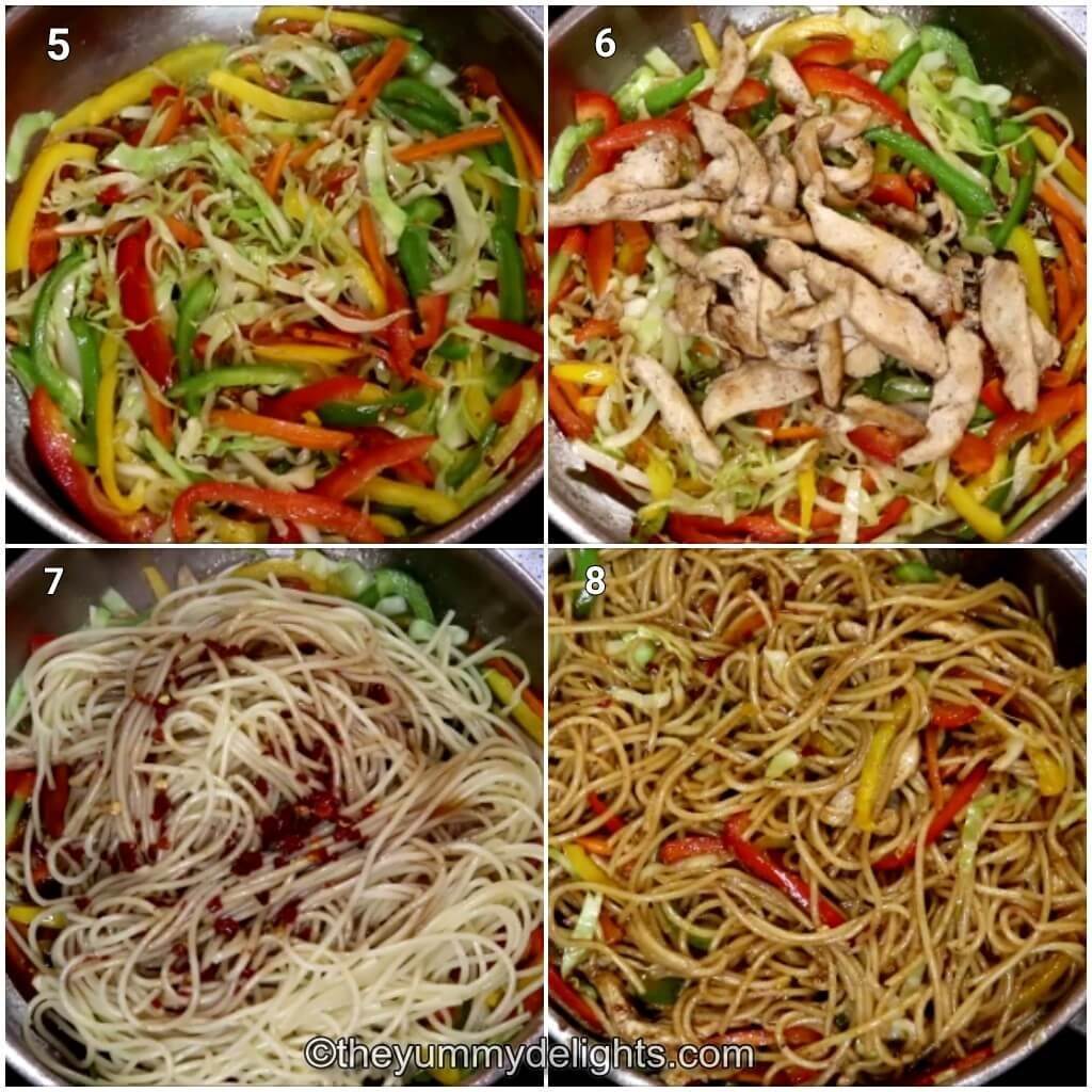Collage image of 4 steps showing making chicken noodles stir fry. It shows stir frying the vegetables, addition of chicken, noodles and sauce to the pan. Toss to combine them.