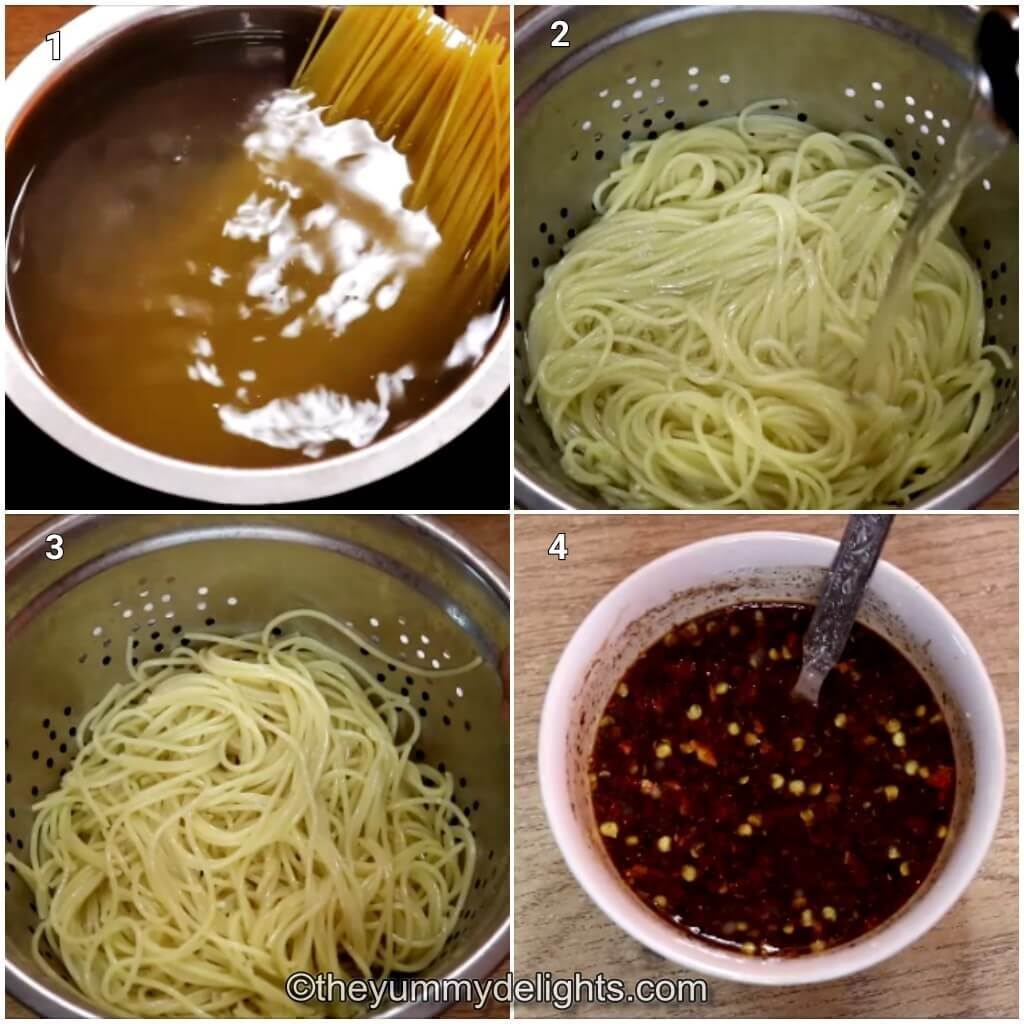 Collage image of 4 steps showing how to make chicken noodles stir fry. It shows cooking the noodles and making the stir fry sauce.