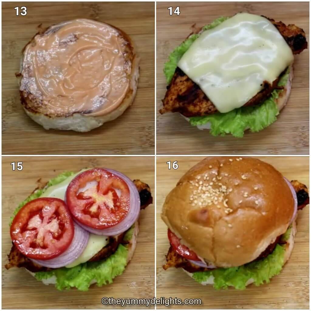 Collage image of 4 steps showing assembling the cajun chicken sandwich.