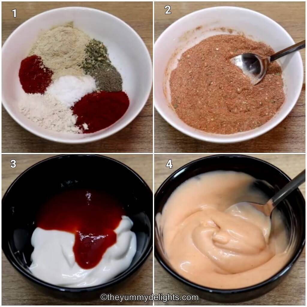 Collage image of 4 steps showing how to make cajun seasoning for making cajun chicken sandwich. It also shows making mayo spread.
