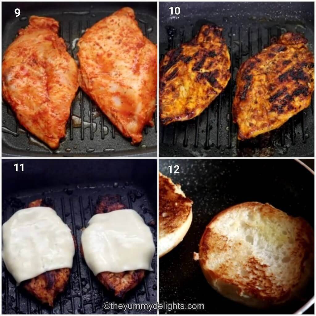 Collage image of 4 steps showing cooking the cajun seasoned chicken breast on a grill pan. It also shows grilling the bun.