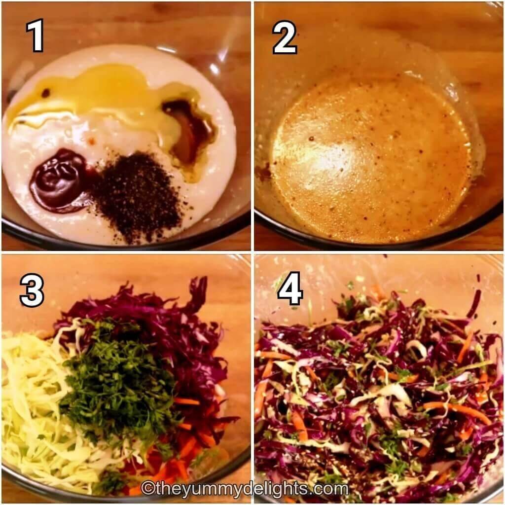 Collage image of 4 steps showing how to make greek yogurt coleslaw. It shows making coleslaw dressing with greek yogurt and adding cabbage, carrot and other ingredients to it.