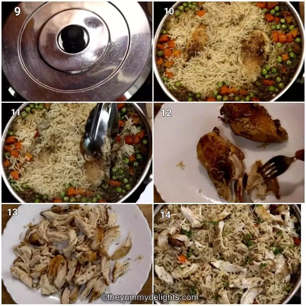 Collage image of 6 steps showing cooking southern chicken and rice. It shows cooked chicken and rice, removing chicken, shredding it and adding it back to the pan and combining it with rice.