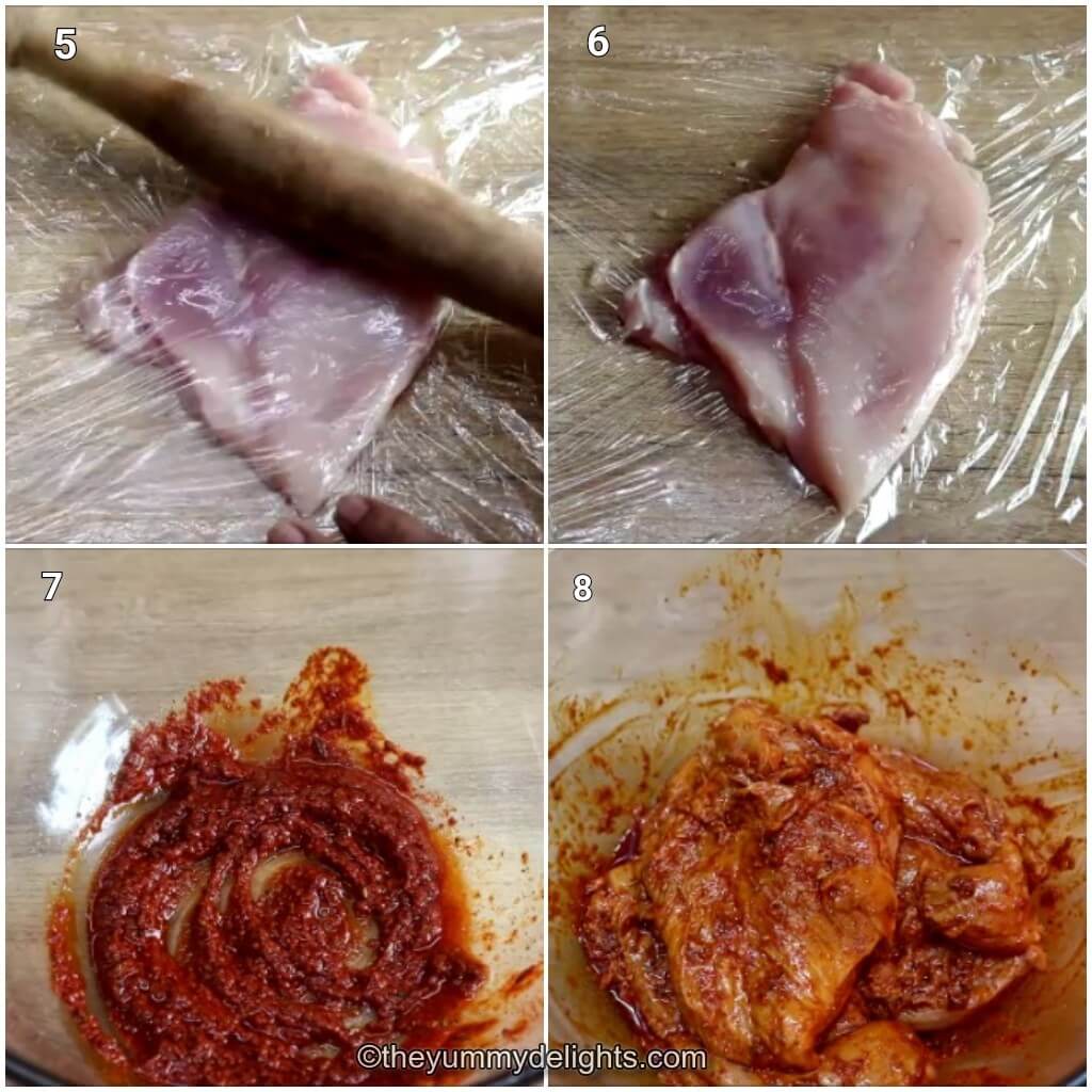 Collage image of 4 steps showing preparations for making grilled cajun sandwich. It shows pounding the chicken breast and marinating it.