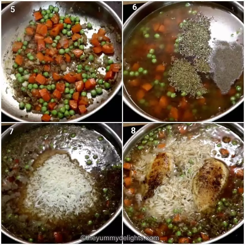 Collage image of 4 steps showing making southern style chicken and rice. It shows sauteing vegetables, addition of chicken broth and seasonings, rice and chicken back to the pan.