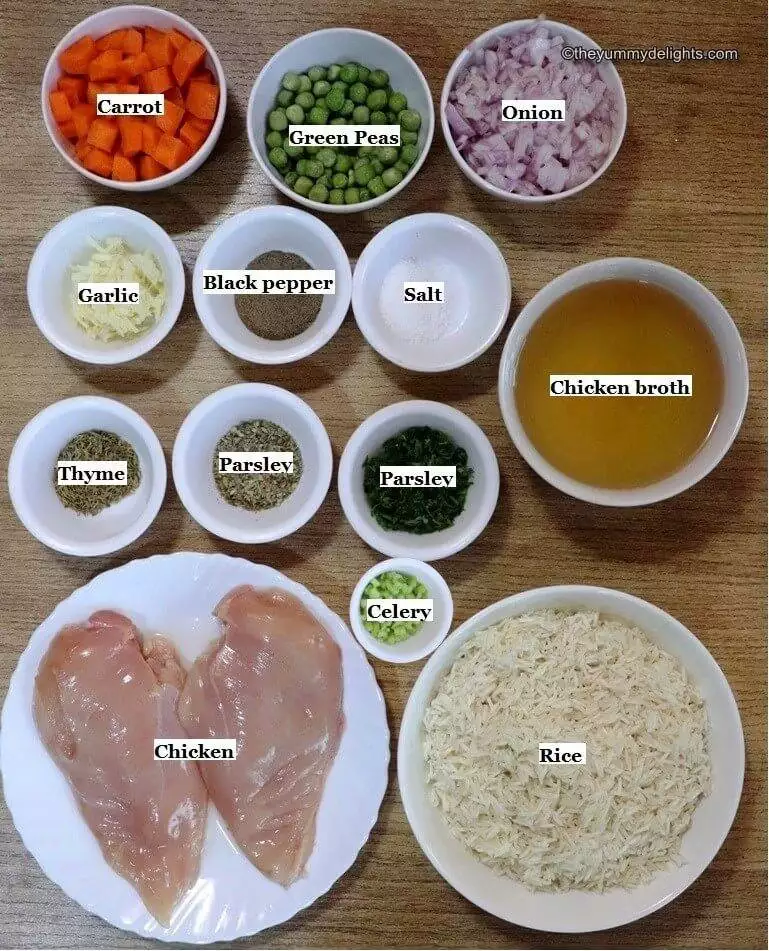 individually labeled ingredients to make southern chicken and rice recipe laid out on a table.