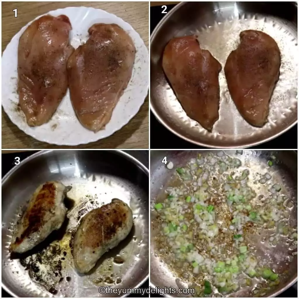 Collage image of 4 steps showing how to make southern chicken and rice recipe. It shows pan frying the chicken and sauteing onion and celery.