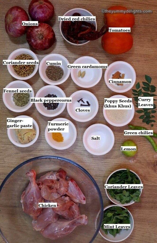 Individually labeled ingredients to make Andhra chicken curry recipe laid out on a table.