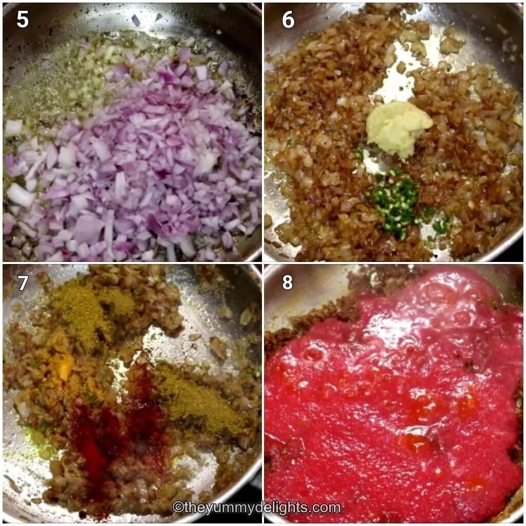 Collage image of 4 steps showing making the chicken tikka masala sauce. It shows sauteing onions, ginger-garlic paste and green chilies and the addition of tomato puree.