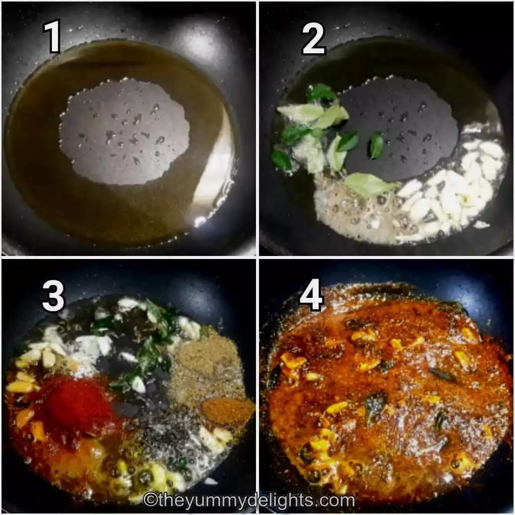 Collage image of 4 steps showing how to make egg fry. It shows sauteing cumin, garlic, curry leaves and spice powders.