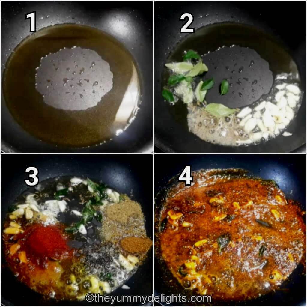 collage image of 4 steps showing making boiled egg masala fry. It shows sauteing curry leaves and garlic and addition of spice powders to make masala for egg fry recipe.