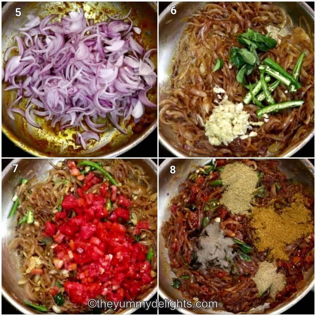 Collage image of 4 steps showing making the kerala style chicken roast. It shows sauteing onions, ginger-garlic and green chilies. It also shows cooking the tomatoes and addition of spice powders.