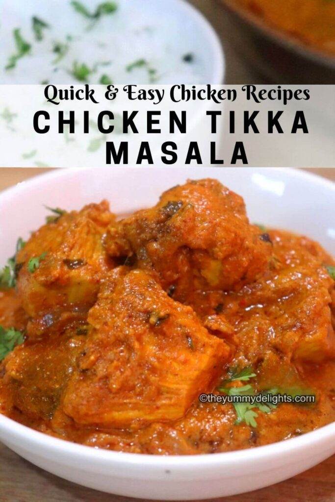 close-up of Indian chicken tikka masala recipe in a white bowl.