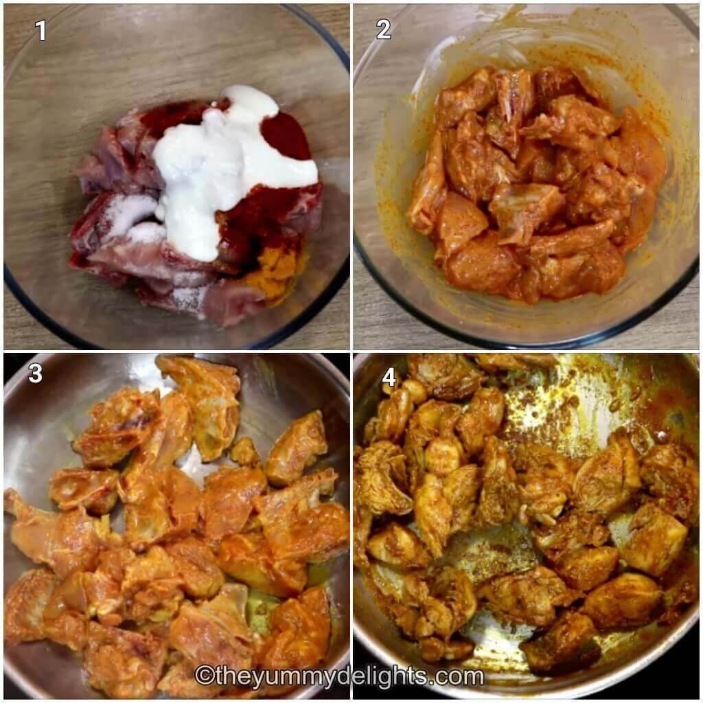 Collage image of 4 steps showing how to make Kerala chicken roast. It shows marinating the chicken and roasting it.