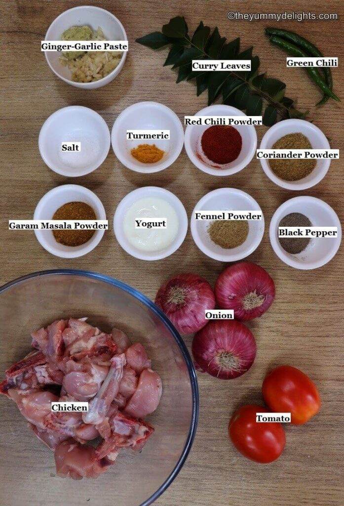 individually labeled ingredients to make Kerala chicken roast recipe laid out on a table.