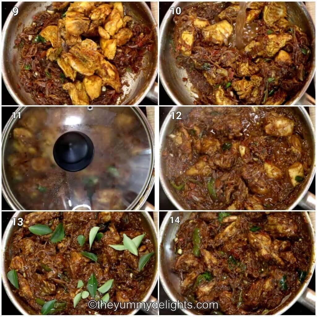 Collage image of 6 steps showing how to make Kerala chicken roast recipe. It shows roasting and cooking the chicken with the masala. 