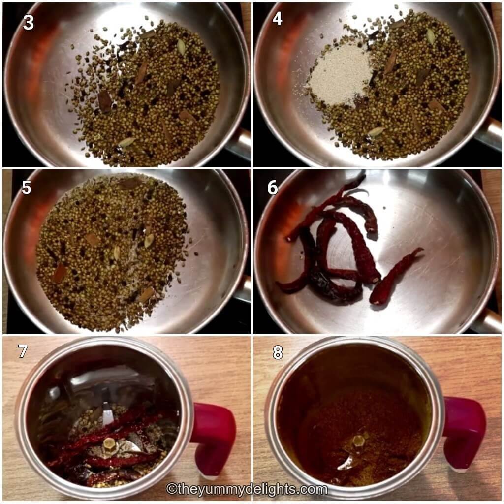 Collage image of 6 steps showing how to make garam masala powder to make Andhra chicken curry. It shows roasting of spices and grinding it to a fine powder.