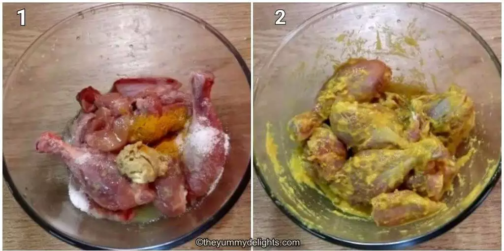 Collage image of 2 steps showing marinating the chicken.