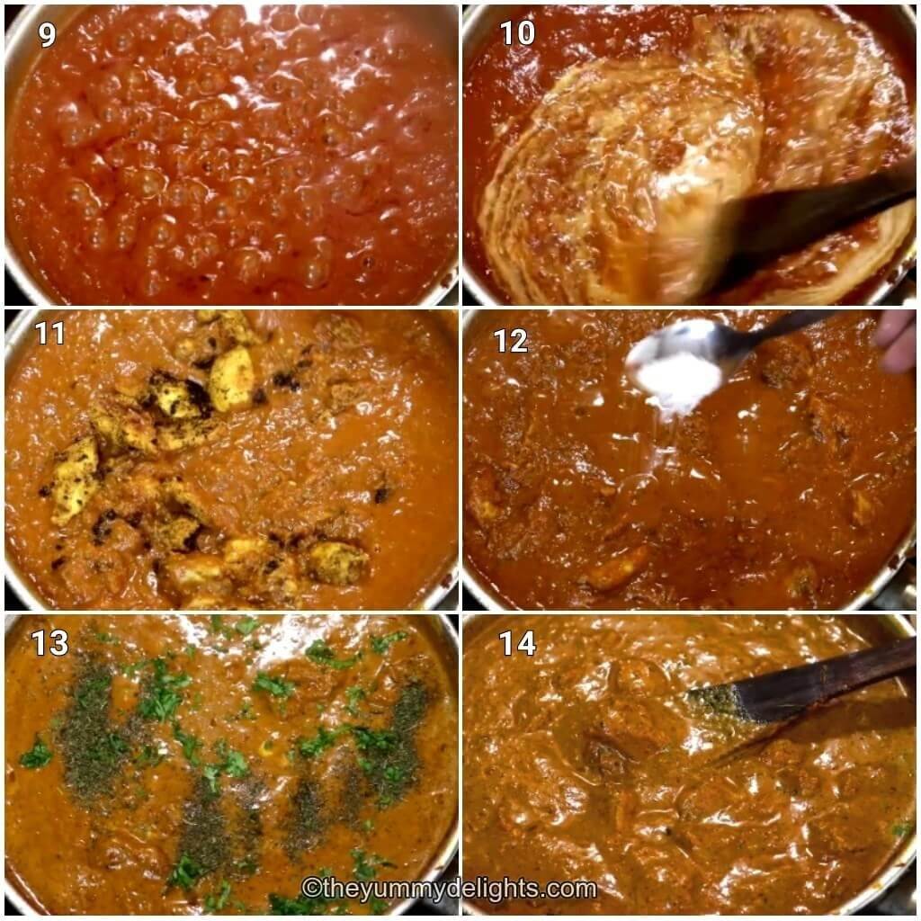 Collage image of 4 steps showing how to make creamy Indian restaurant style chicken tikka masala. It shows addition of cream, chicken, coriander leaves, and kasuri methi.