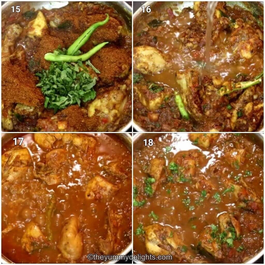 Collage image of 4 steps showing making andhra chicken curry recipe. It shows addition of green chilies, garam masala and mint leaves. It also shows addition of water and cooking the chicken curry.
