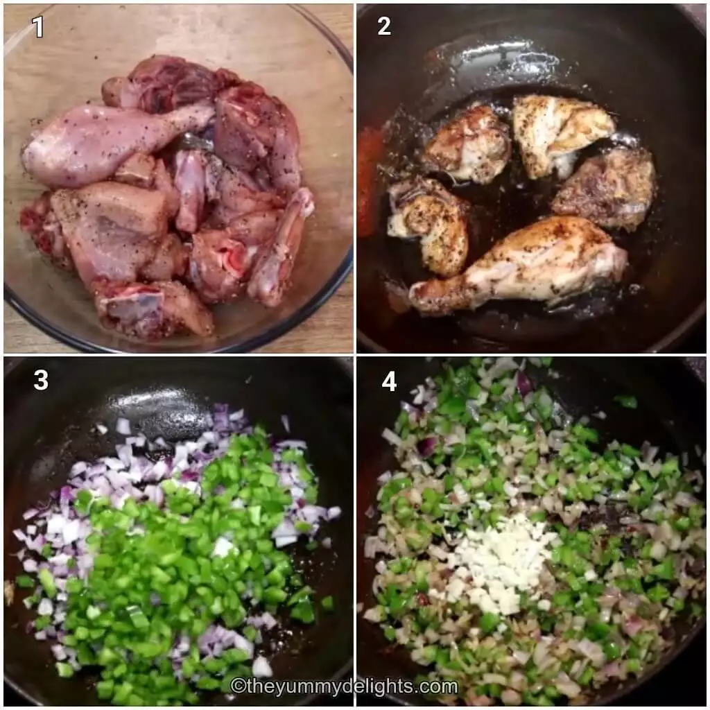 Collage image of 4 steps showing how to make tomato chicken and rice recipe. It shows marinating and frying the chicken until golden. It also shows sauteing onion, bell peppers and garlic.